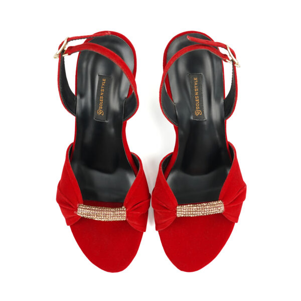 Elegant Red Velvet Heels with Glamorous Bow - Image 4