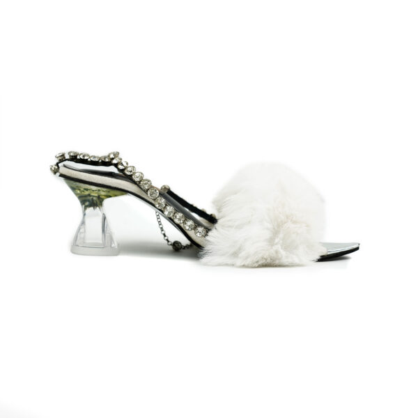 Fluffy White Furry Sandals with Rhinestones