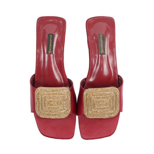 Luxurious Red Satin Block Heels with Handcrafted Gold Beaded