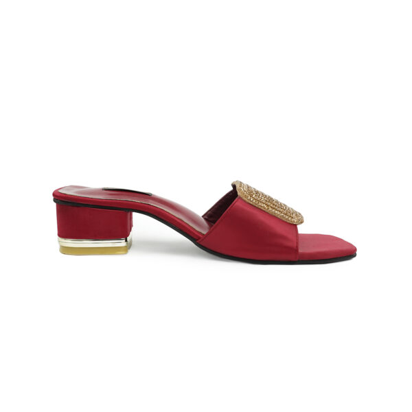 Luxurious Red Satin Block Heels with Handcrafted Gold Beaded - Image 2