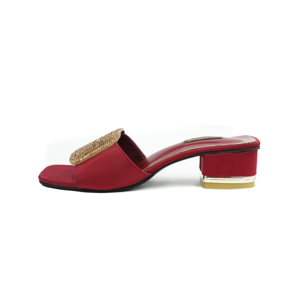Luxurious Red Satin Block Heels with Handcrafted Gold Beaded - Image 3