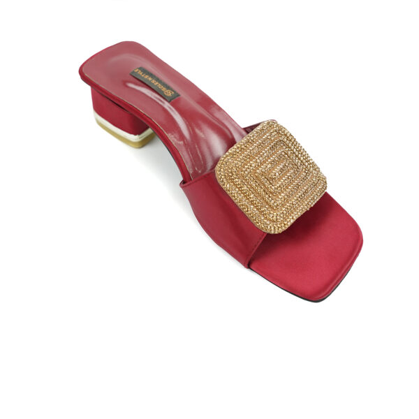 Luxurious Red Satin Block Heels with Handcrafted Gold Beaded