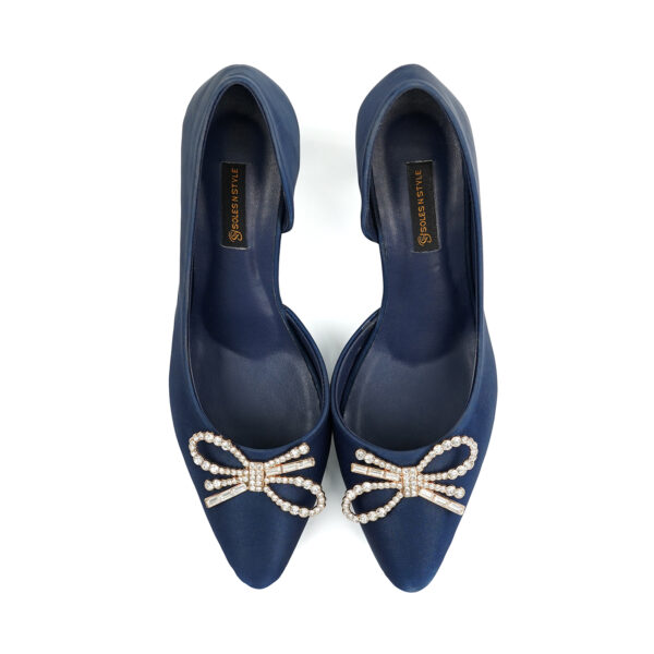 Navy Blue Satin Pumps with Rhinestone Bow - Image 4