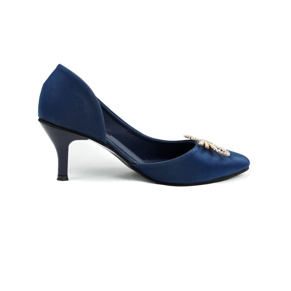 Navy Blue Satin Pumps with Rhinestone Bow - Image 2