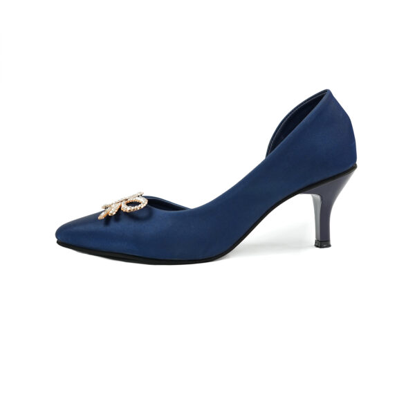 Navy Blue Satin Pumps with Rhinestone Bow - Image 3