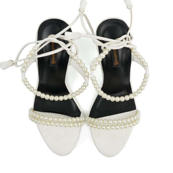 Pearl-Embellished White Lace-Up Heels