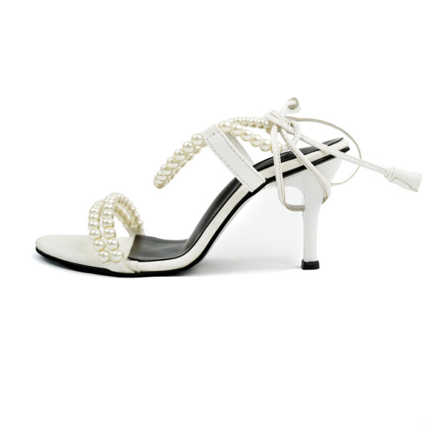 Pearl-Embellished White Lace-Up Heels - Image 3