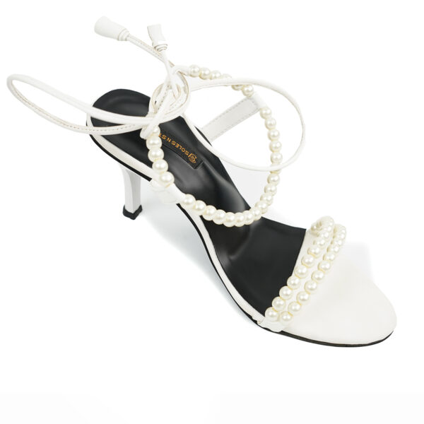 Pearl-Embellished White Lace-Up Heels