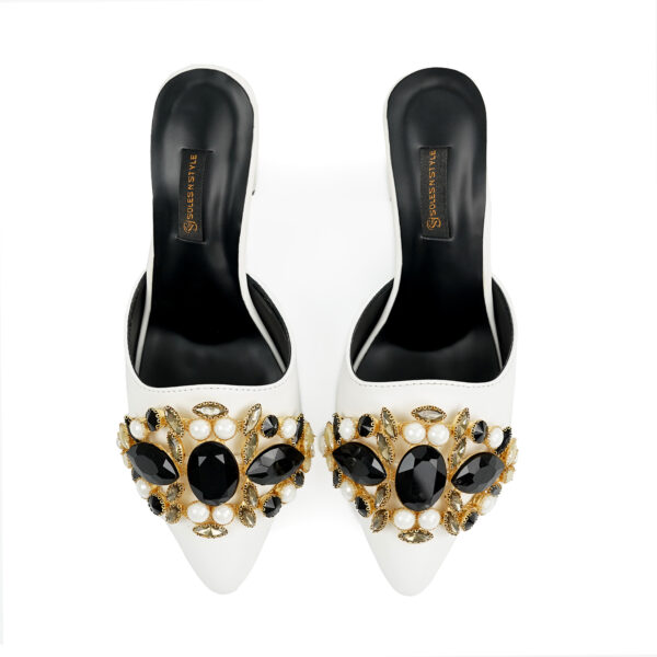 White Mules with Black and Gold Embellishments - Image 4