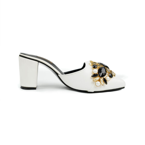 White Mules with Black and Gold Embellishments - Image 2