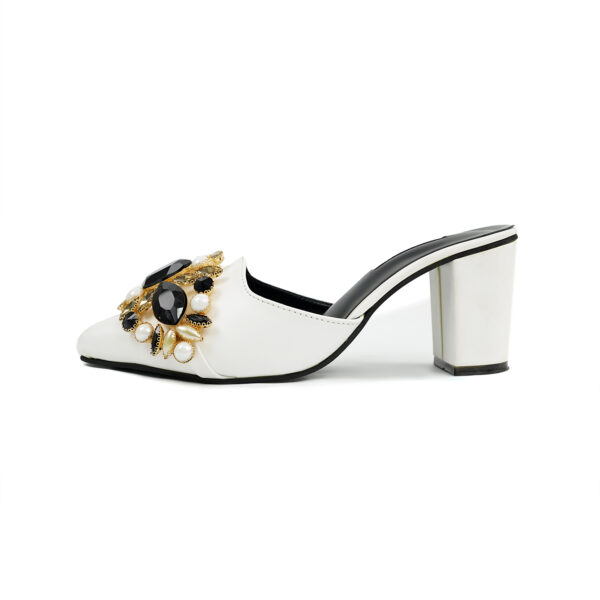 White Mules with Black and Gold Embellishments - Image 3