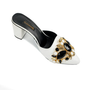 white mules with black and gold embellishments dsc01659
